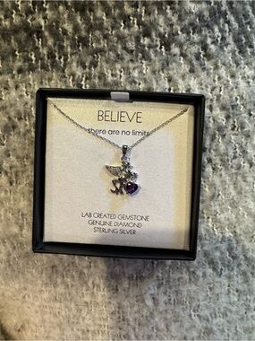 Sterling Silver 'Believe' Unicorn Pendant Necklace with Purple Heart Gemstone